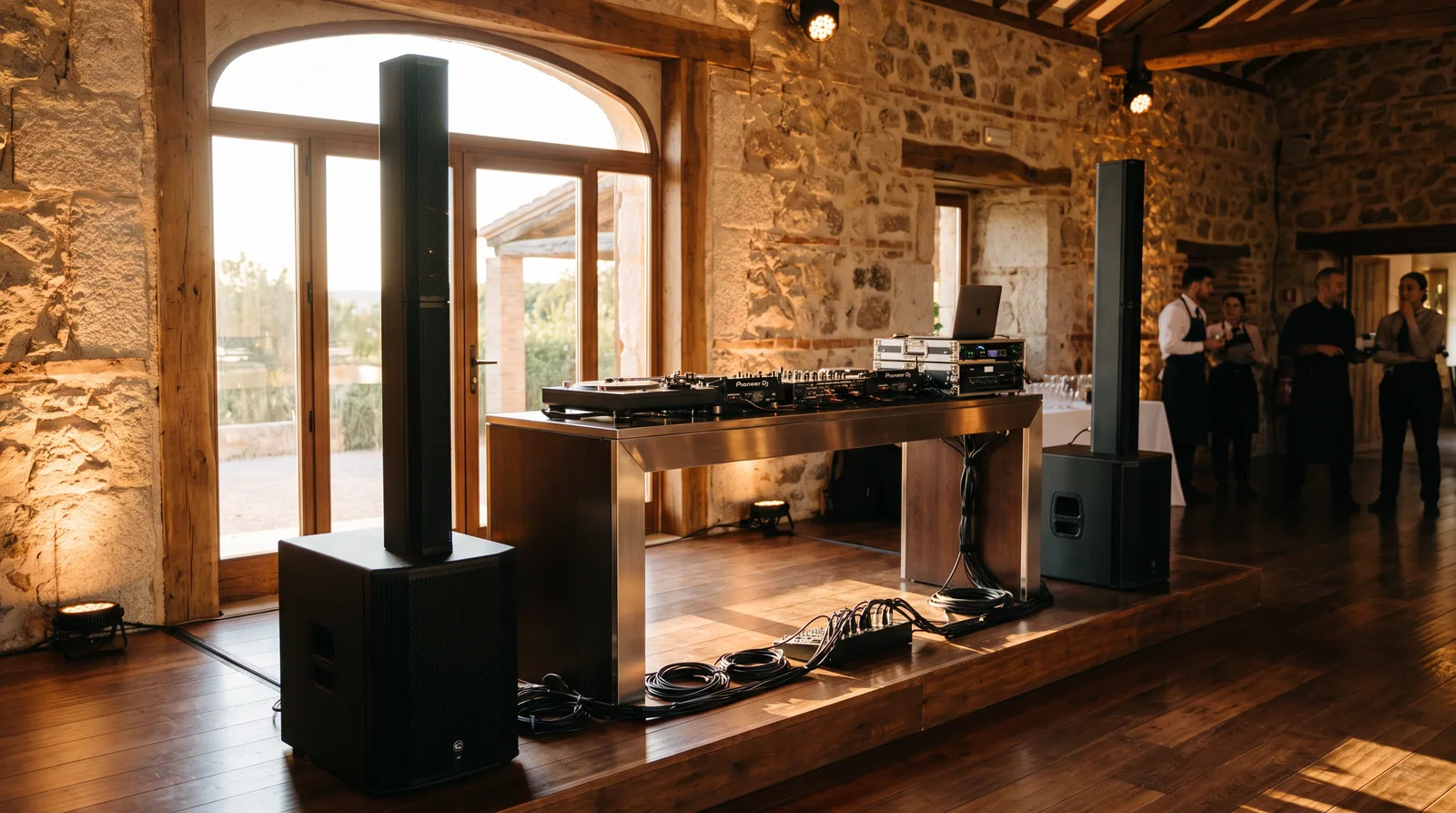 Equipo de sonido profesional y altavoces instalados en una finca para eventos en Madrid.