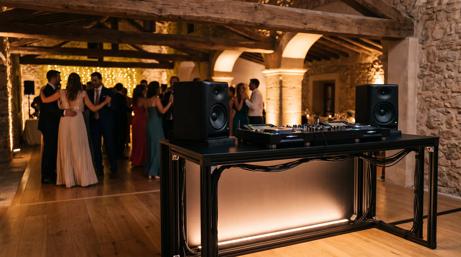 Cabina de DJ profesional montada con estructura técnica en una finca de bodas en Madrid