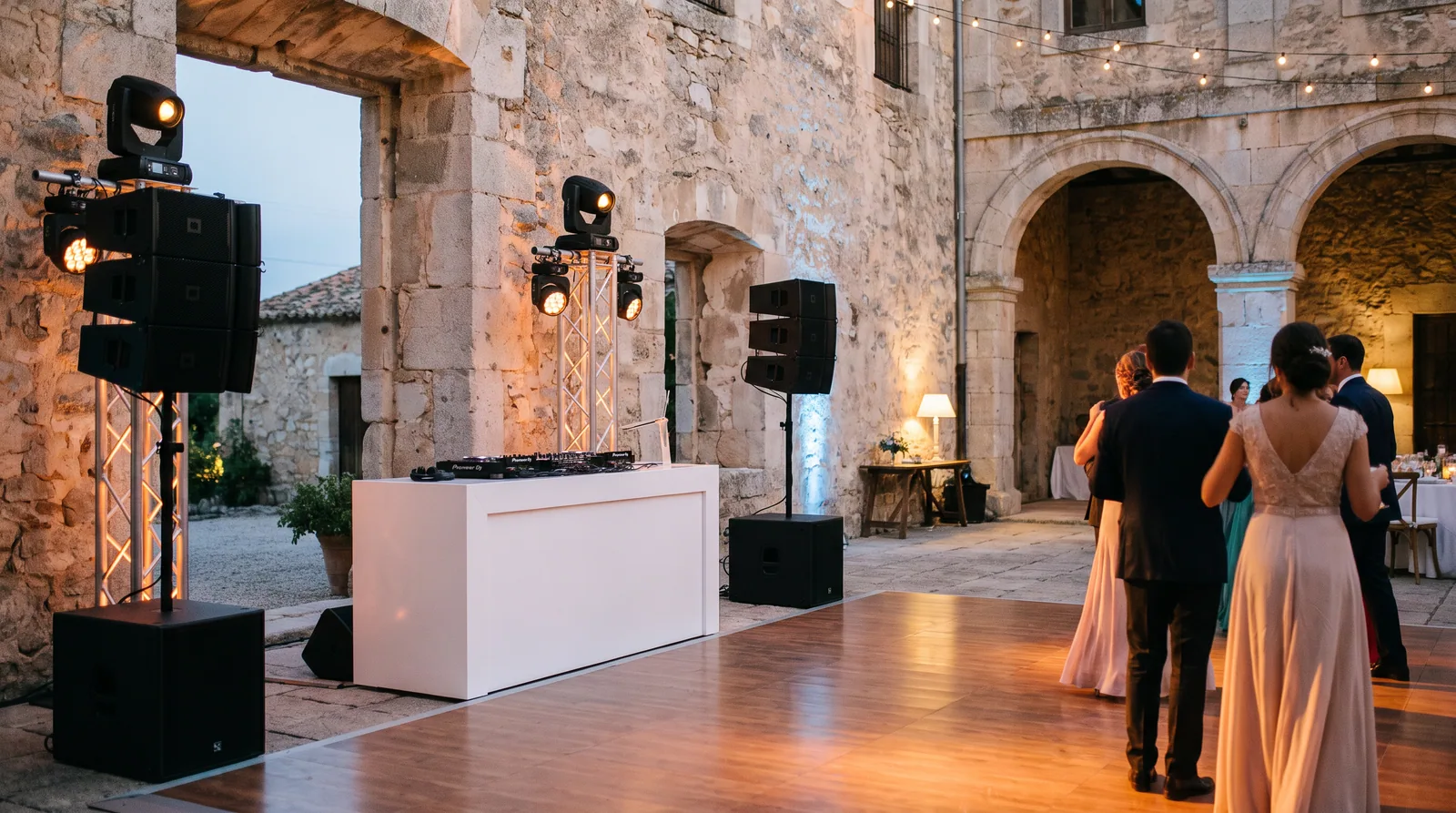 Cabina de DJ y montaje de sonido e iluminación profesional para fiesta de boda en una finca de Madrid