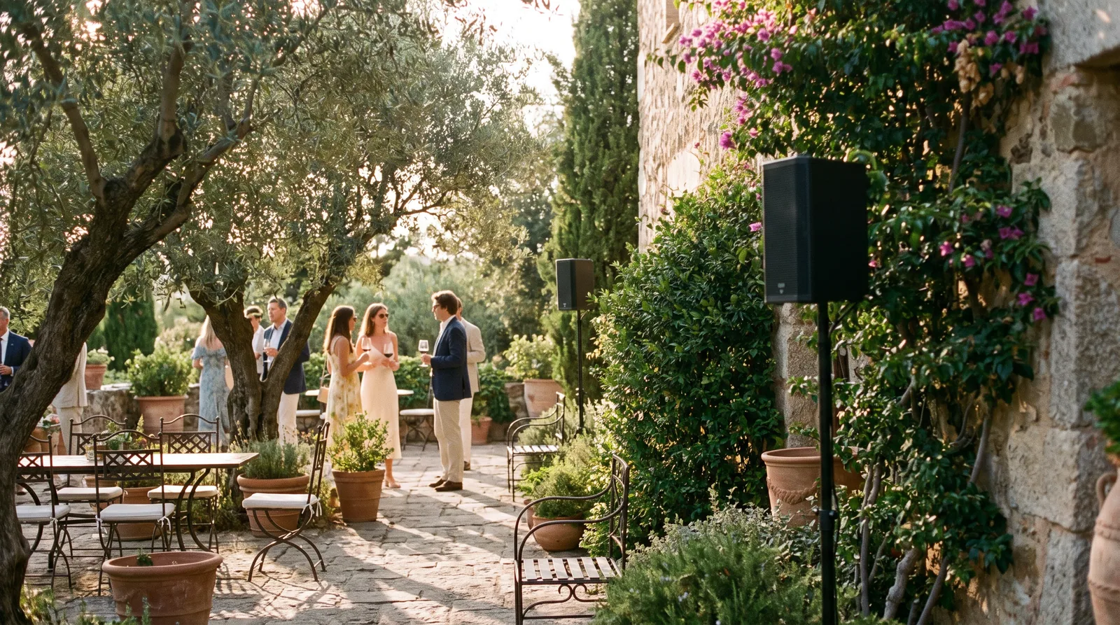 Altavoces profesionales distribuidos en el jardín de una finca para el cóctel de una boda en Madrid.