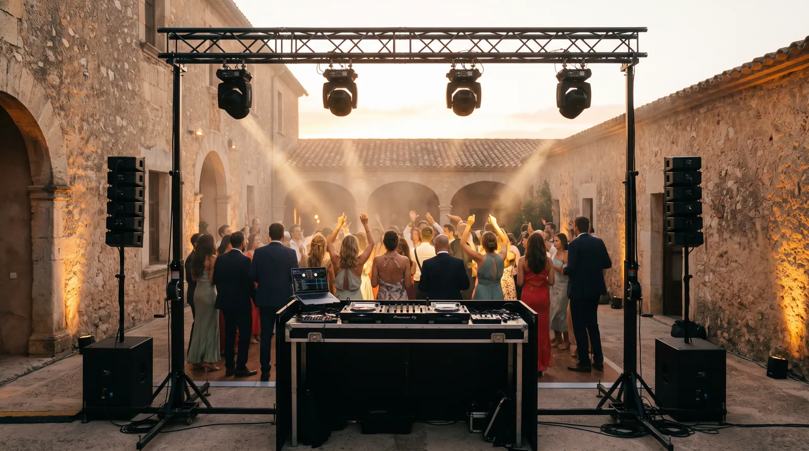 Montaje profesional de sonido e iluminación para fiesta de boda en una finca de Madrid.